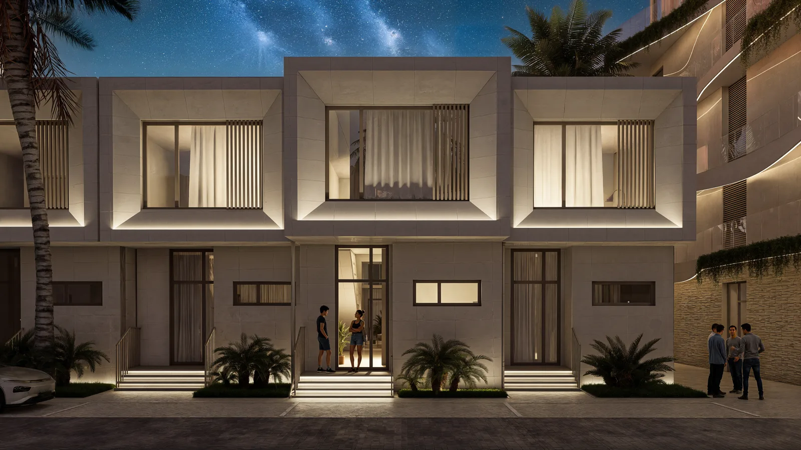 Вечерний фасад ряда вилл Ramada Residences