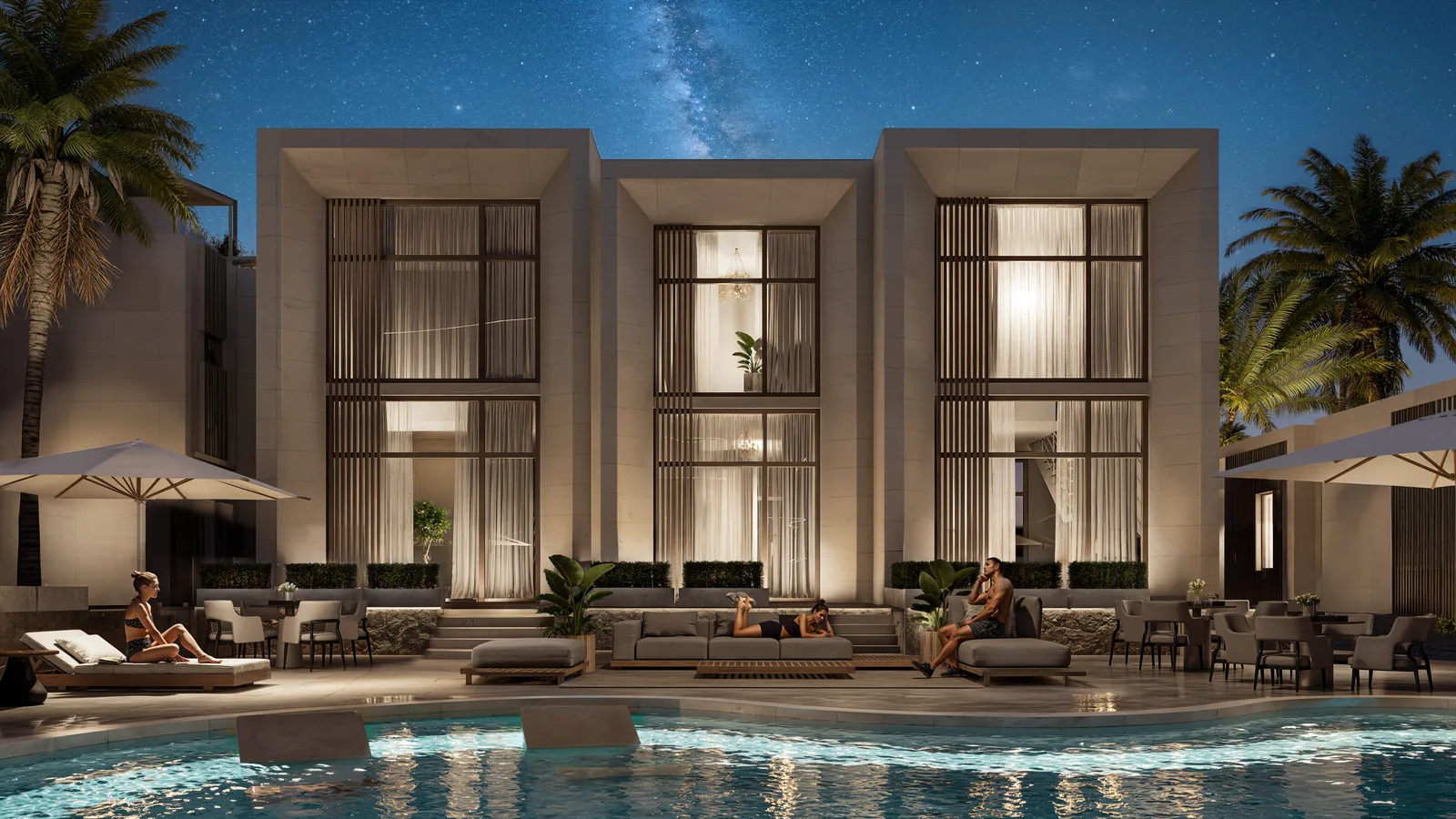 Вечерний вид премиальных вилл Ramada Residences со стороны бассейна